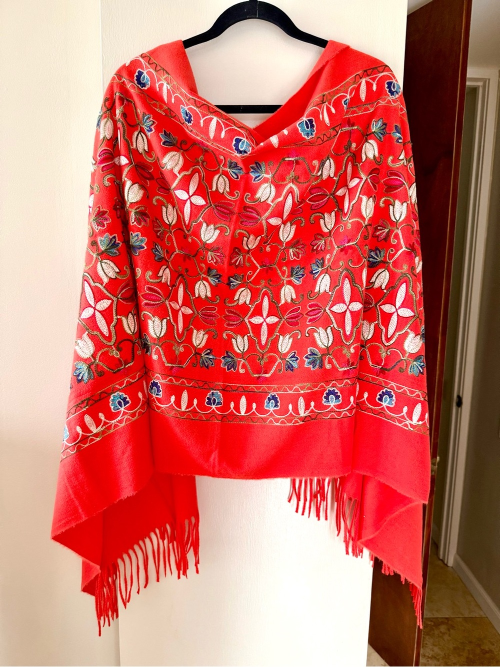 Embroidered Floral Red Orange Fringe Shawl Scarf Wrap